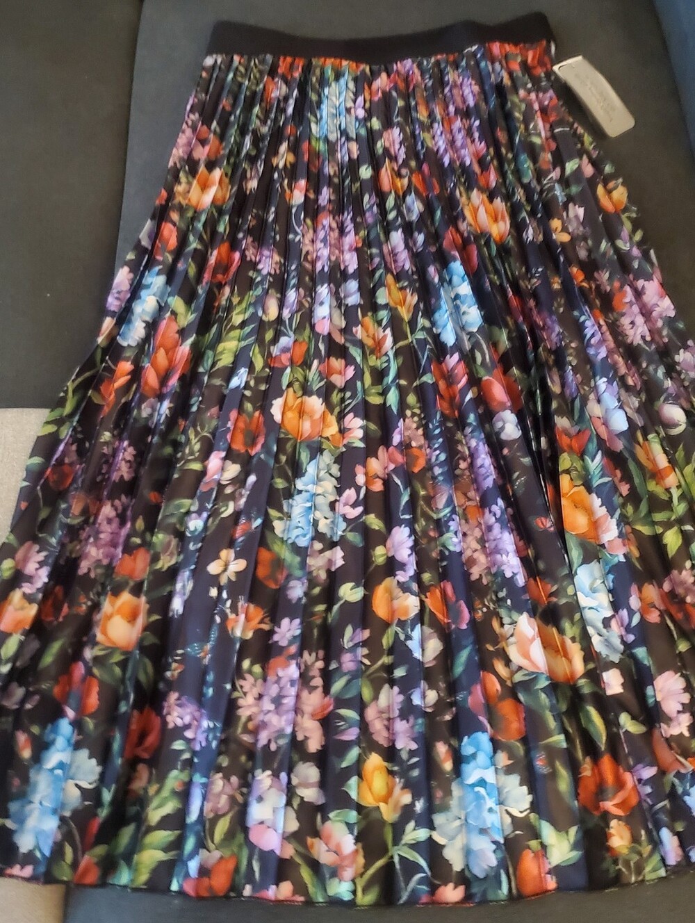 Black And Multi Floral Pleated Midi/ Maxi Skirt NWT